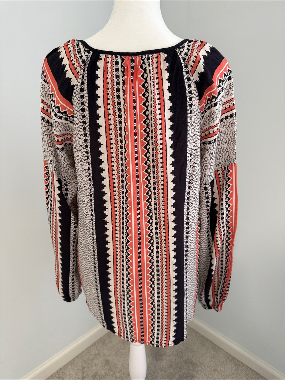 Sanctuary Striped Boho Tie-Neck Blouse in Coral, Black & White Size Small - Picture 2 of 14